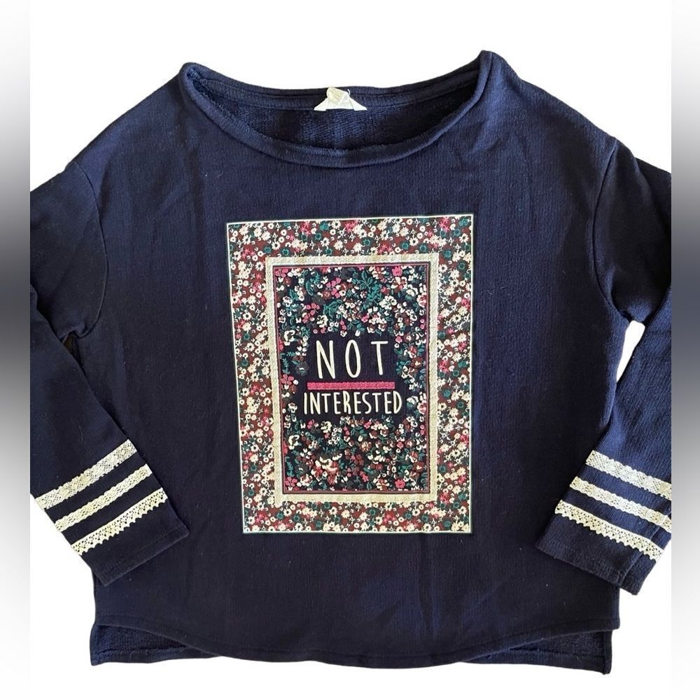 Springfield long sleeve graphic navy blue tee sz L w floral print lace sleeves